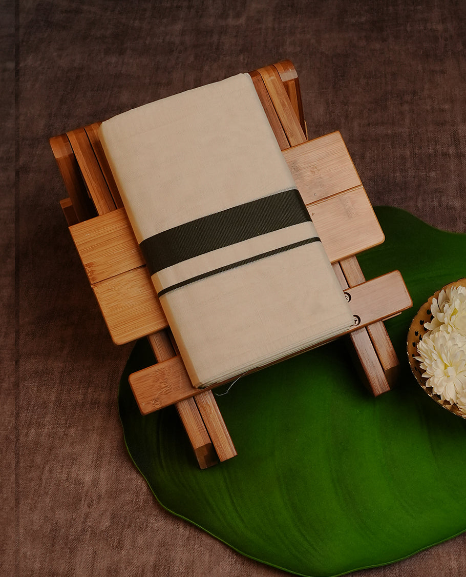 Cream Colour Cotton Double Dhoti Finished With A Classic Body , A Forest Green Kara