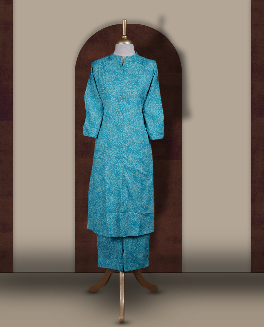 Sky blue colour coord set featuring elegant floral prints all over, mandarin collar, and sheer 3/4 sleeves, Paired with matching pants, it offers a sleek, modern look perfect for refined casual wear.