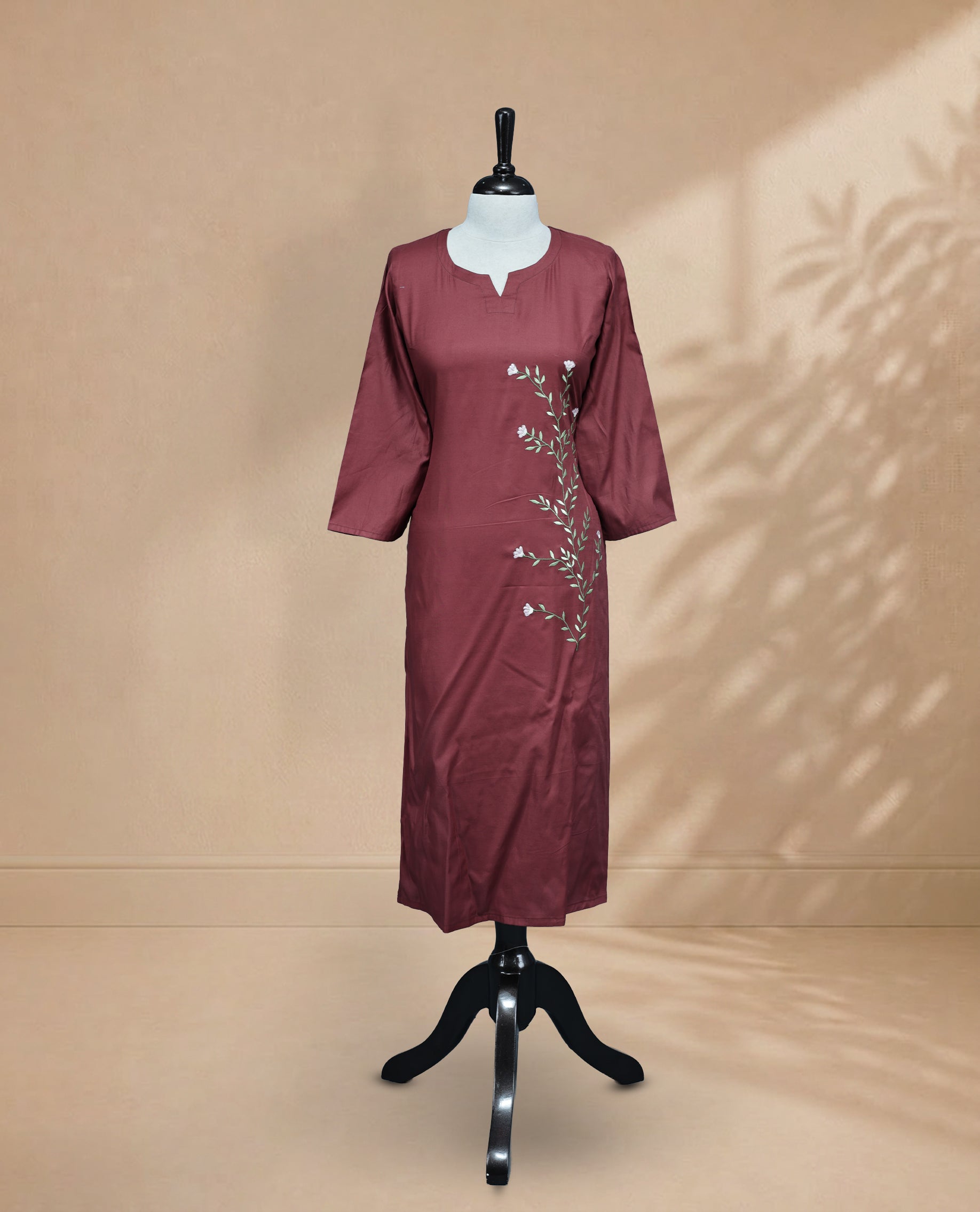 Maroon Colour Kurti Featuring U-Shaped Neckline, delicate  floral vine embroidery Work On Body & Sleeve