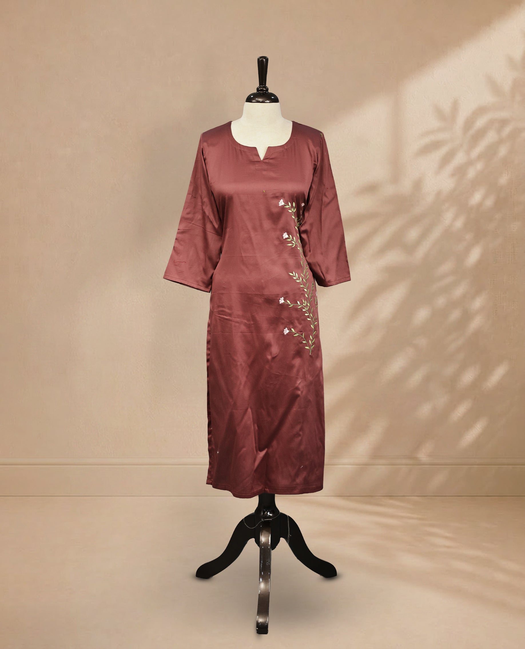 Rust Brown Colour Kurti Featuring U-Shaped Neckline, delicate  floral vine embroidery Work On Body & Sleeve