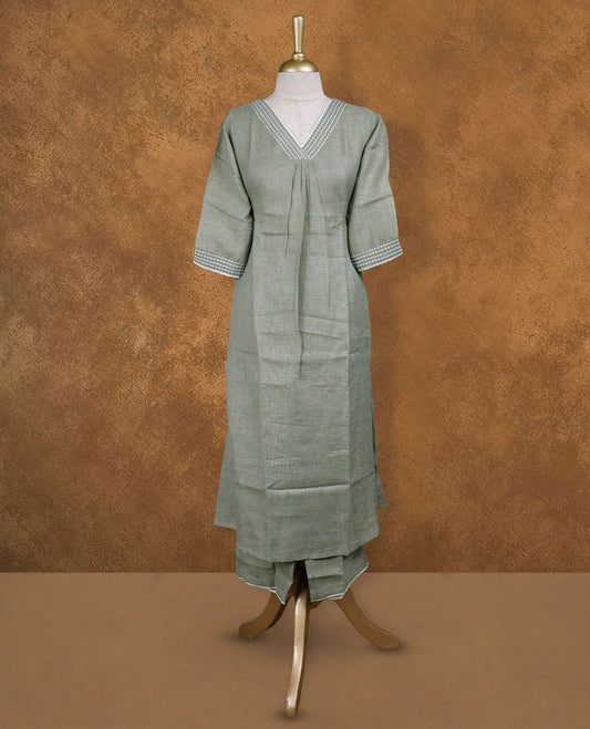 Gray green colour coord set with styled with a V neckline & sleeve, knee length design, with matching bottom .