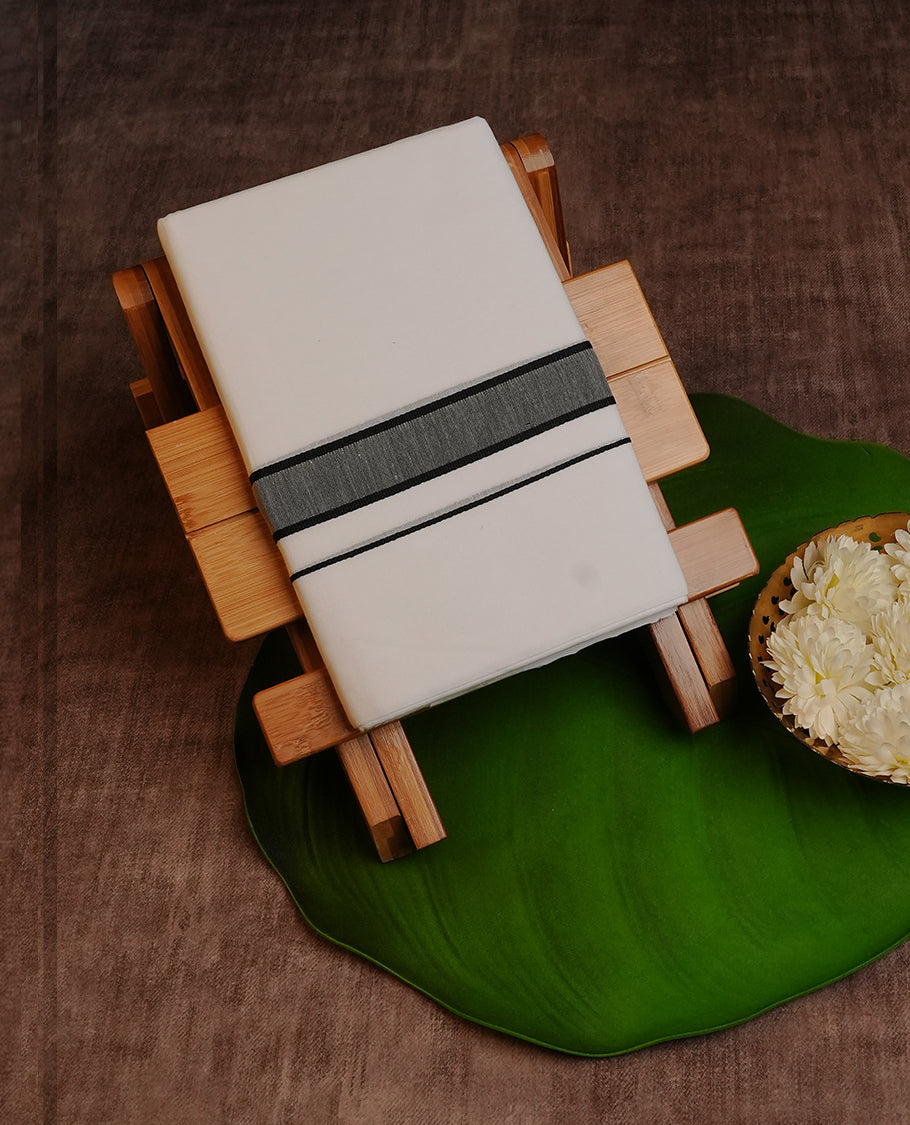 White Colour Cotton Double Dhoti Finished With A Classic Body ,Black & Grey  Kara