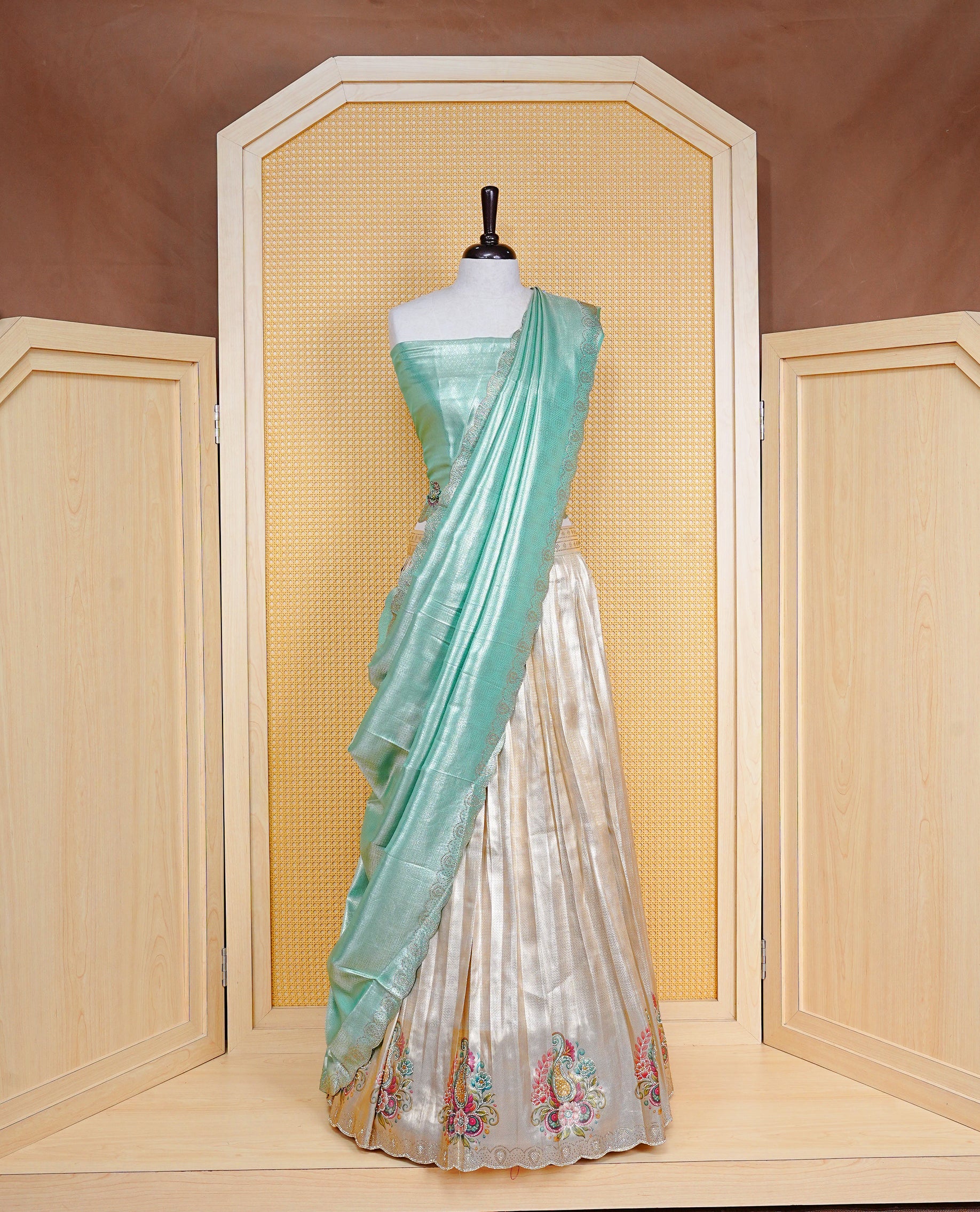 Light gold & Light Mint Semi Stitched Dhavani Set Light Gold Skirt With Floral Pattern & Stone Worked Border, Paired with Unstitched Blouse, Elegant Dupatta For Prefect look.