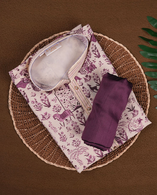 Ivory semi silk kurta set with all over printed heritage animal and foliage motifs, mandarin collar with embroidered placket, and paired with a contrasting deep purple bottom.