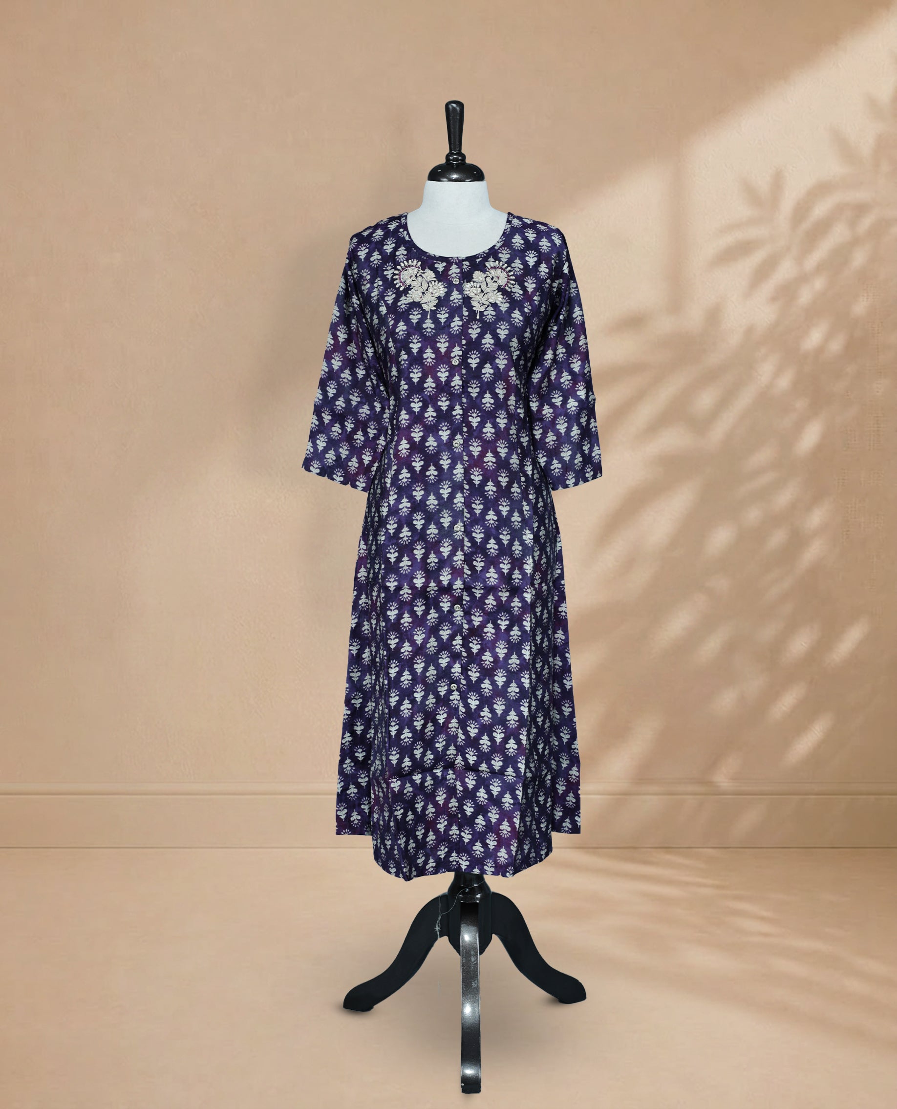 Purple Colour Kurti Featuring Digital Prints An Buttons On Body ,Embroidery & Mirror Work On Neck Yock ,Round Neckline & 3/4 Sleeves