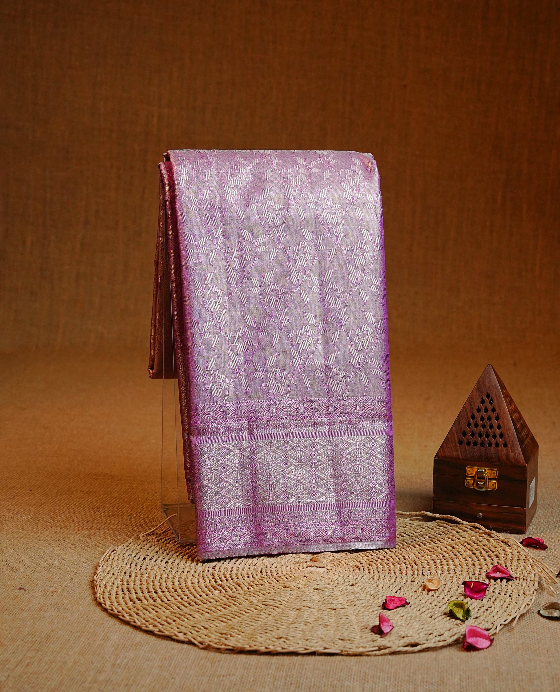 Lavender & Gold colour Double shade Semi tissue silk saree featuring self color kodi pattern on body, self colour with traditional border, paired with matching.