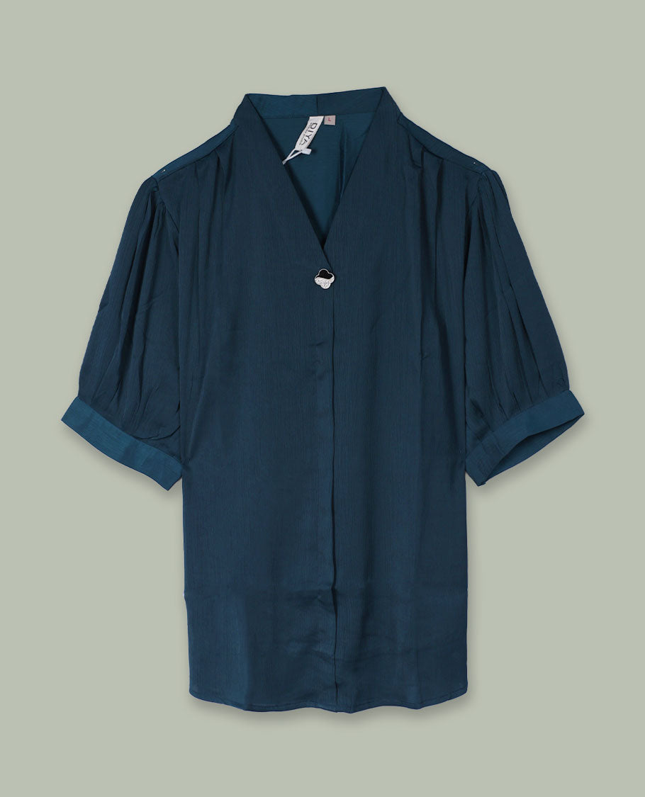 Teal blue V-neck shirt top with single decorative front button, elbow-length cuffed sleeves, and soft gathers at the shoulders.