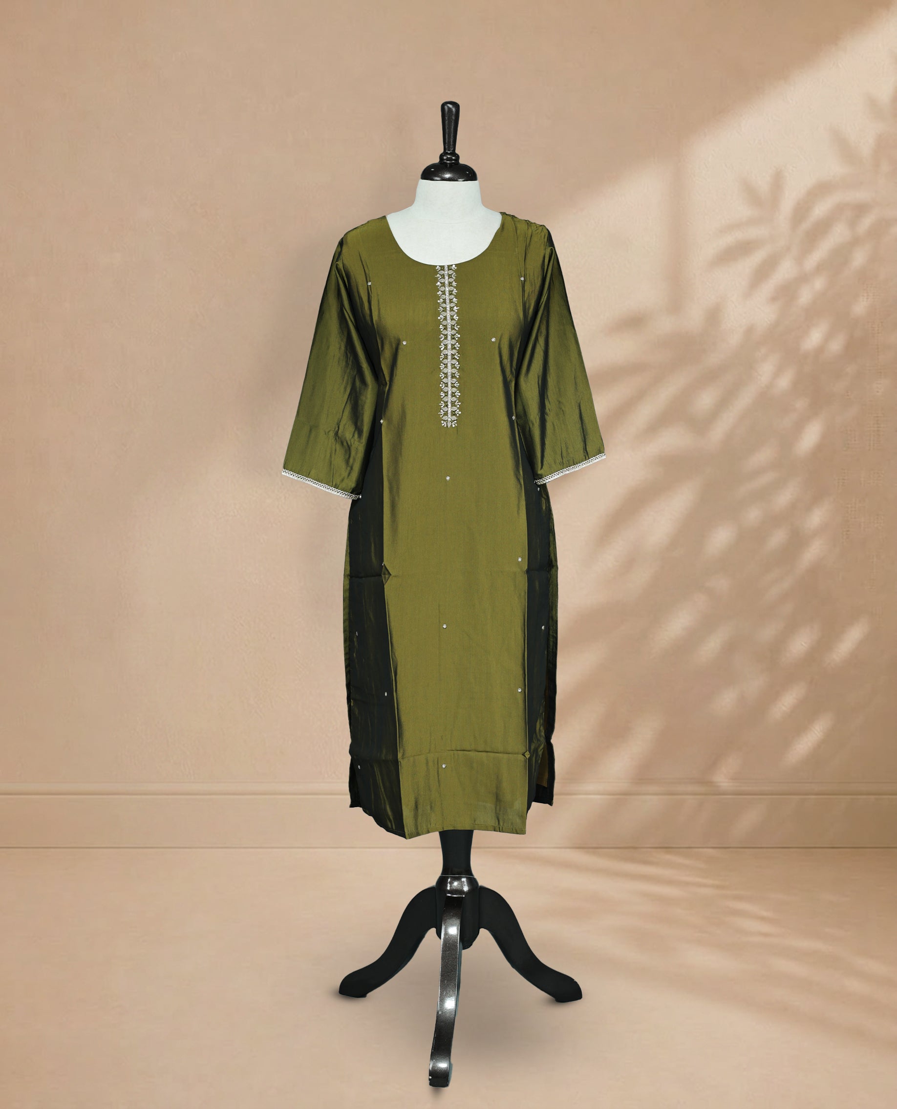 Dark Olive Colour kurti Featuring Bead & Stone Work On Neck Yoke ,Stone Work On Body ,Round-Shaped Neckline & 3/4 Sleeves