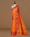 Orange Colour Chettinad cotton saree featuring Red motifs body , complemented by contrast Red colour with traditional border, comes with matching blouse piece.
