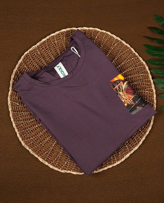 Deep purple colour T shirt featuring graphic print colour on the left & back , designed with a classic round neck and short sleeves & it offers a stylish and comfortable everyday look.