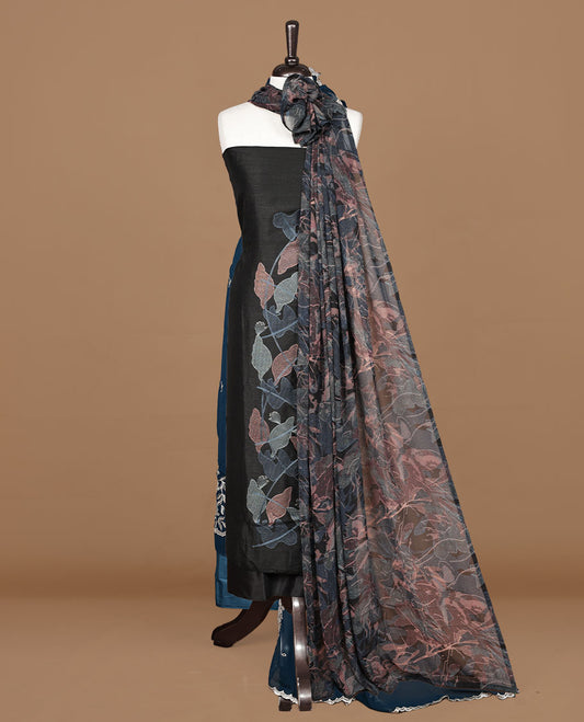 Black colour churidar material featuring thread & sequins Worked pattern on body, comes with matching bottom and dupatta.