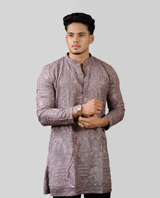 Dusty lavender colour men's kurta featuring elegant thread and sequins work on the body, complemented by full sleeves for a refined and festive look.
