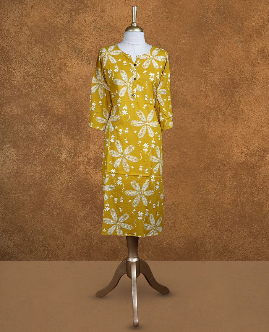 Mustard and white colour kurti with White floral prints, knee length design, styled with a round neckline and a sleeve .