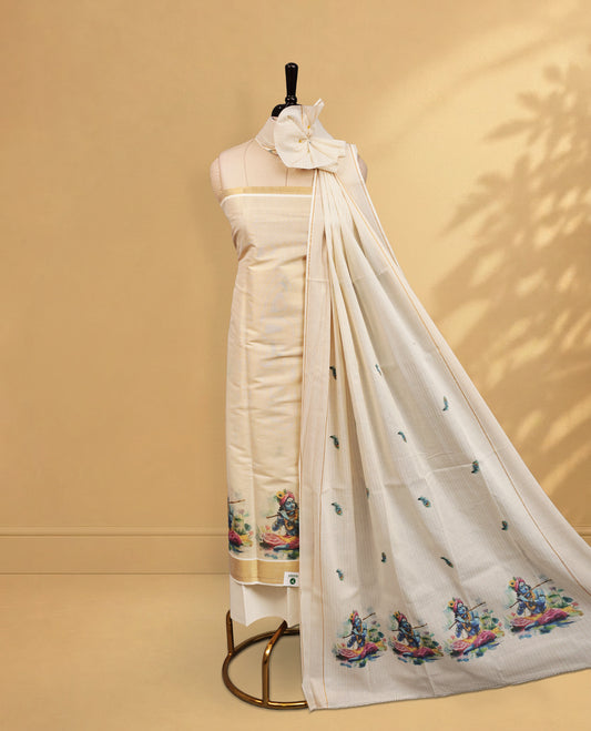 Cream Colour Tissue Salwar Material Featuring Elephant Print on body, paired with matching Bottom & Elegant Dupatta.