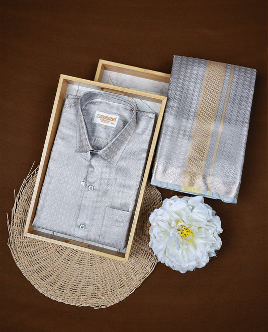 Grey colour  ASWIN'S shirt paired with a matching dhoti, finishing with a Gold border