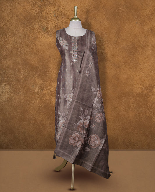 Brown colour churidar set featuring thread and cut beats embroidered neckline, sleeves, and Gold colour motifs on body , Paired with a matching dupatta