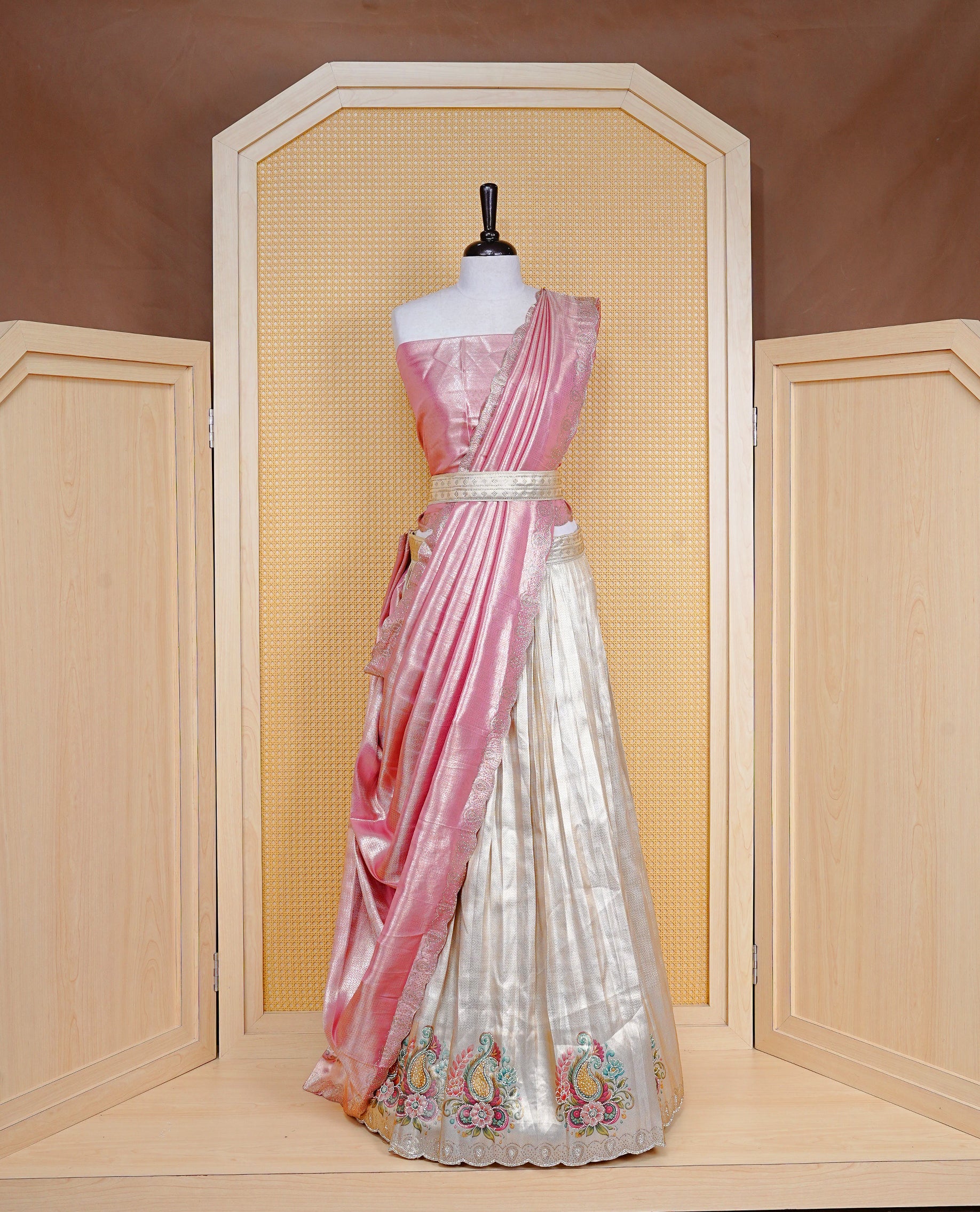Light gold & Light pink Semi Stitched Dhavani Set Light Gold Skirt With Floral Pattern & Stone Worked Border, Paired with Unstitched Blouse, Elegant Dupatta For Prefect look.