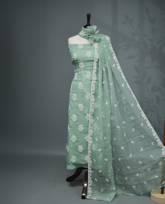 Light Emerald Green Colour Organza  Salwar material Featuring White Embroidery Work On body & Matching Organza Dupatta with Same work & Scallop border, matching bottom.