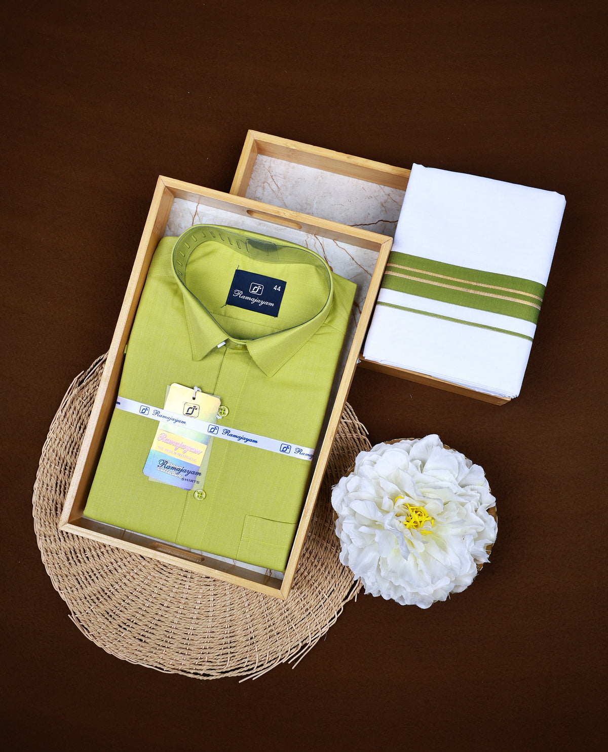 Lime Green colour RAMAJAYAM shirt paired with a matching dhoti, finishing with a Green & Gold kara