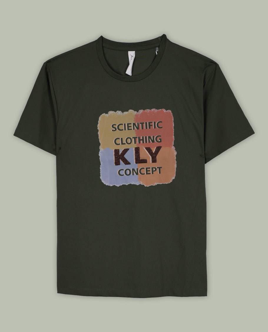 Dark olive green colour T shirt featuring a multicolour graphic print with a text &  designed with a classic round neck and short sleeves,made from soft breathable fabric for a comfortable and stylish everyday look.