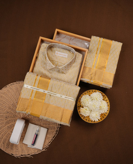Fawn Gold colour MINISTER WHITE shirt paired with a matching dhoti, finishing with a Gold border