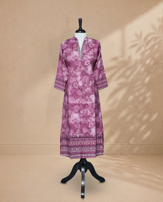 Pink colour Kurti featuring digital floral prints  and stonework On Body , a V-shaped neckline And Bead Work On Neck Yoke, 3/4 sleeves Design