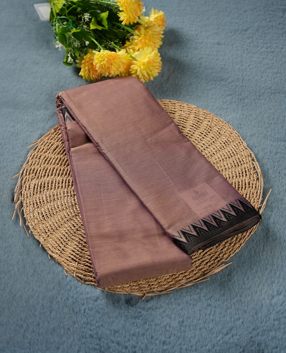 Beige & violet double shade colour Narayanapattu cotton saree featuring a self coloured body, contrast black colour zari border and pallu, pairing a matching blouse piece.