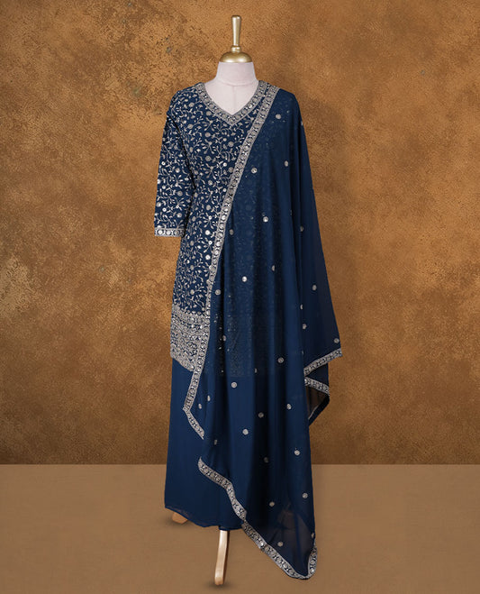 Dark blue colour sharara set featuring gold thread and beats embroidered neckline, sleeves, and thread embroidery on body , Paired with a matching dupatta