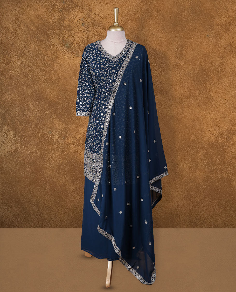 Dark blue colour sharara set featuring gold thread and beats embroidered neckline, sleeves, and thread embroidery on body , Paired with a matching dupatta