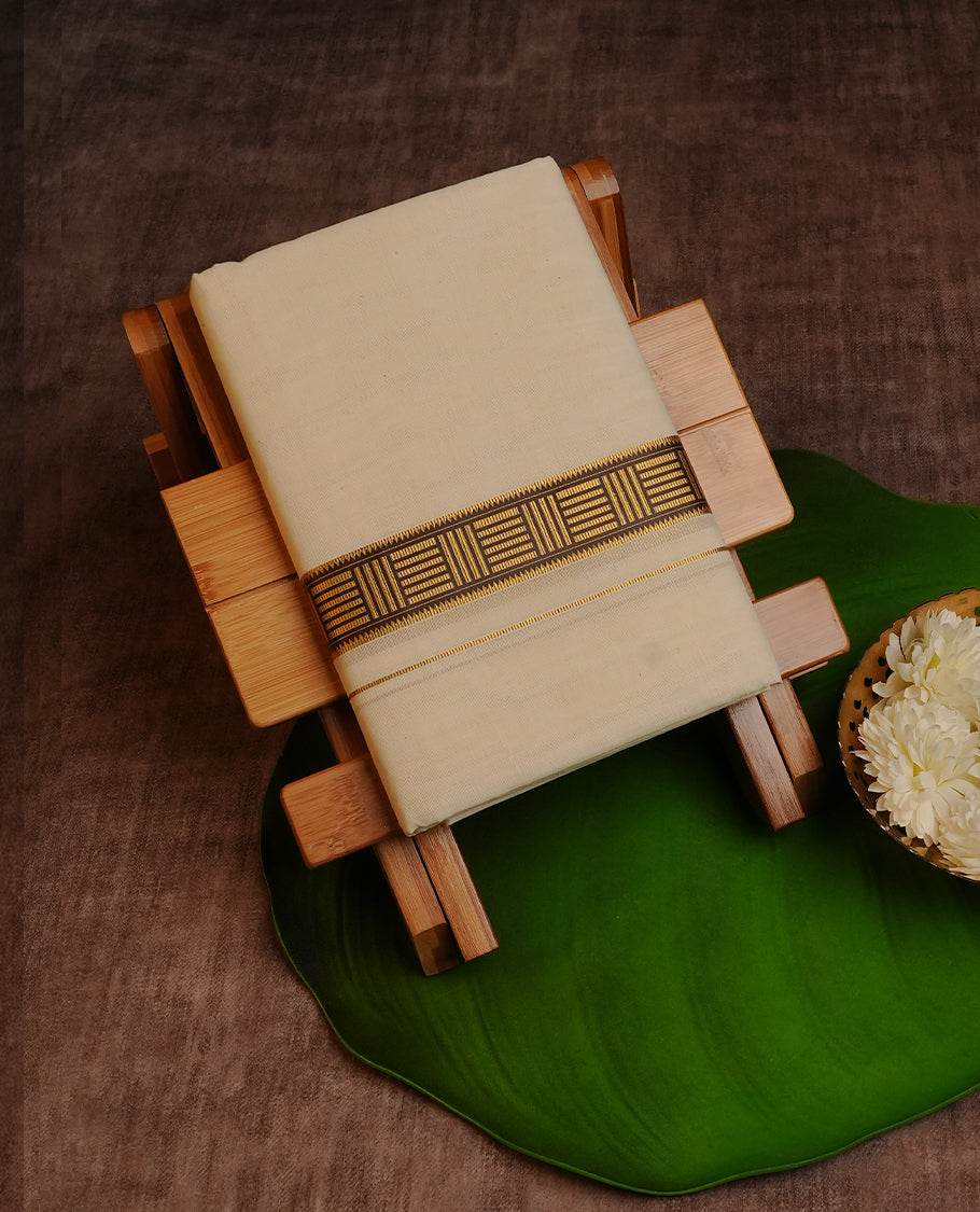 Cream colour Cotton Double dhoti featuring plain Body with Gold With Printed kara.