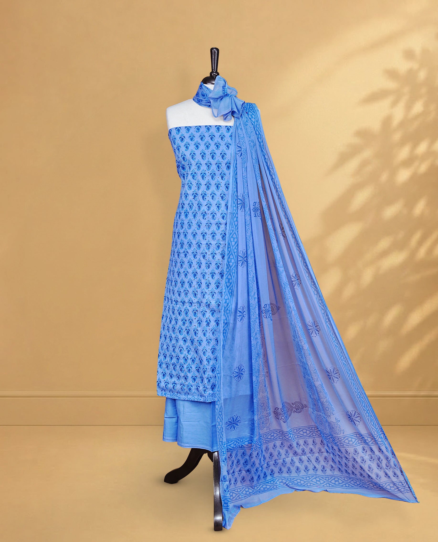 Blue Colour Salwar Material Featuring Thread & Hokoda, Mango print Work On Body, paired with matching bottom & Dupatta.