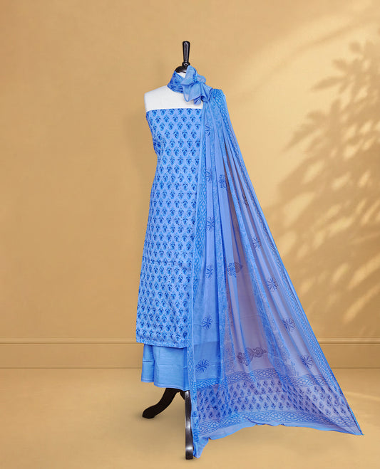 Blue Colour Salwar Material Featuring Thread & Hokoda, Mango print Work On Body, paired with matching bottom & Dupatta.