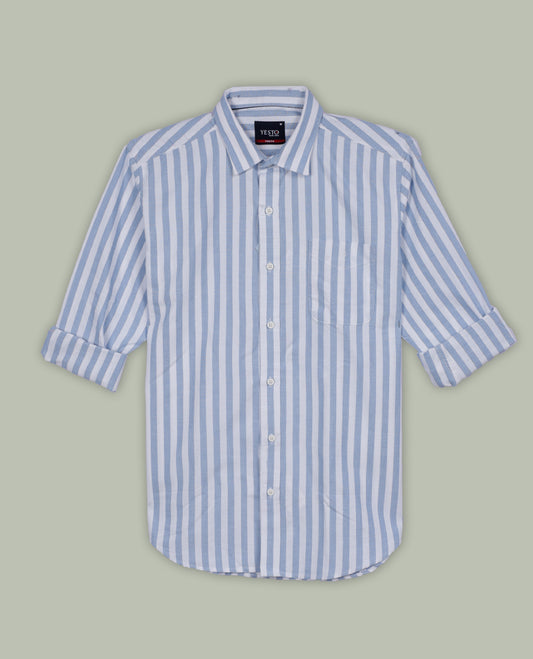 White and blue colour striped shirt in soft cotton, featuring vertical lines for a sleek, timeless look, Designed with a classic collar and full sleeves, it blends effortless style with everyday comfort.