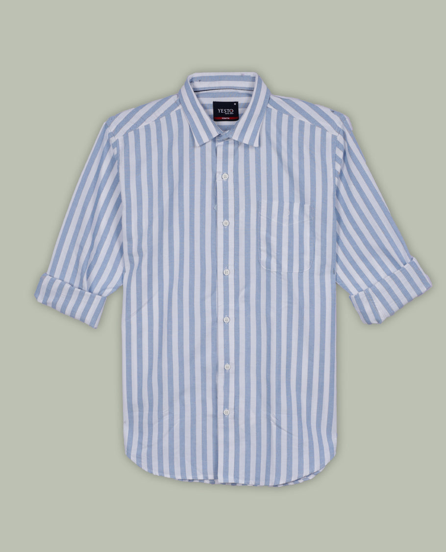 White and blue colour striped shirt in soft cotton, featuring vertical lines for a sleek, timeless look, Designed with a classic collar and full sleeves, it blends effortless style with everyday comfort.