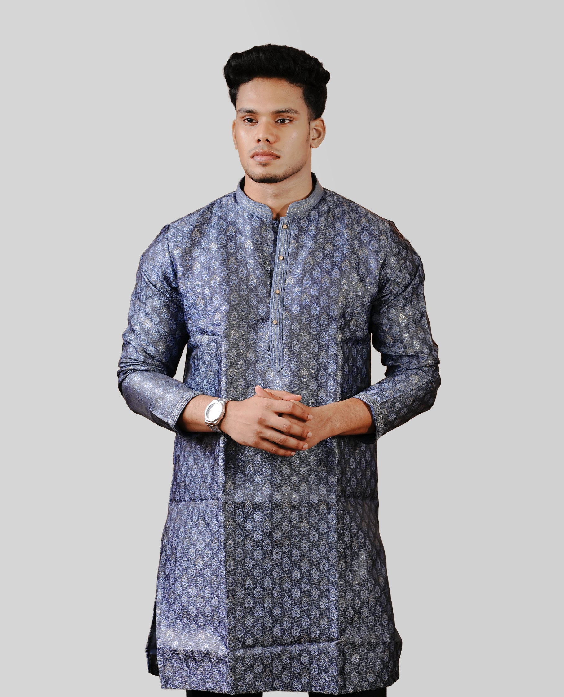 Glaucous colour men's kurta featuring elegant gold thread work on the body, complemented by full sleeves for a refined and festive look, comes with bottom.