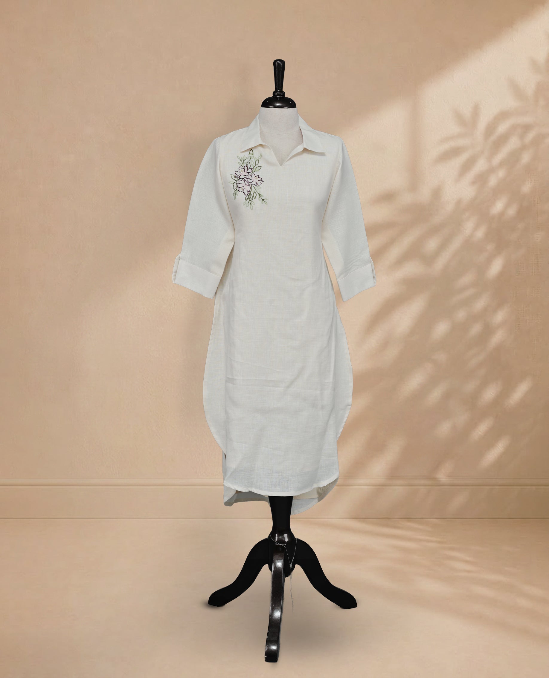 Cream Colour Kurti with Floral Embroidery, Collared V-Neck and Sleeves