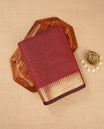 Maroon colour Maheshwari cotton saree, gold zari small checks on body, complement self colour gold zari temple design border comes with matching blouse.