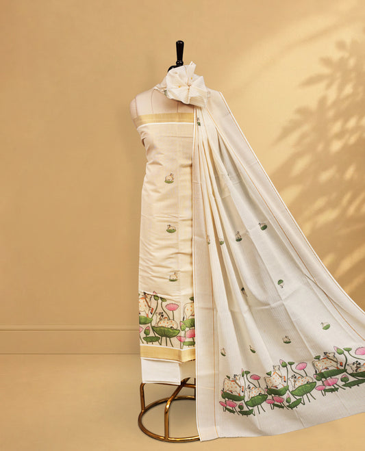 Cream Colour Tissue Salwar Material Featuring Lotus Print on body, paired with matching Bottom & Elegant Dupatta.