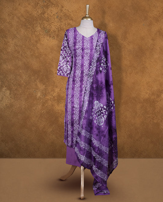 Violet and white colour churidar set featuring round with V neckline, sleeves, and White floral pattern across the body, Paired with a matching dupatta