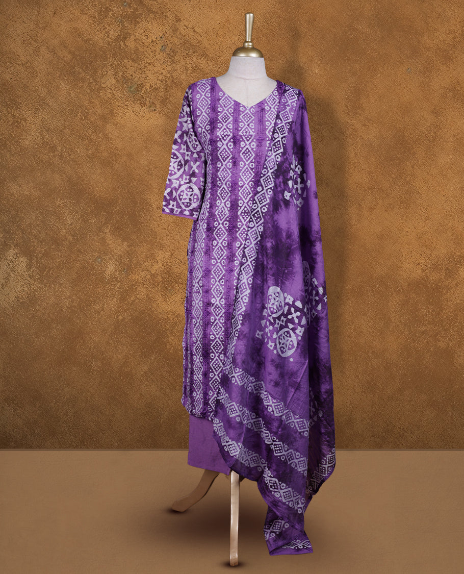 Violet and white colour churidar set featuring round with V neckline, sleeves, and White floral pattern across the body, Paired with a matching dupatta