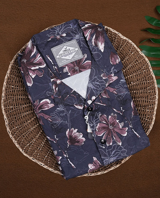 Dark grey colour shirt adorned with brown and white floral prints, featuring short sleeves and a classic collar, A stylish blend of elegance and comfort, perfect for casual and semi-formal wear.