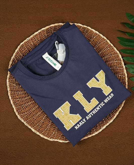 Navy blue colour T shirt featuring a bold  KLY Kaaly Authentic Wear  graphic on the chest, designed with a round neck and short sleeves, crafted from soft breathable fabric for a stylish and comfortable fit.