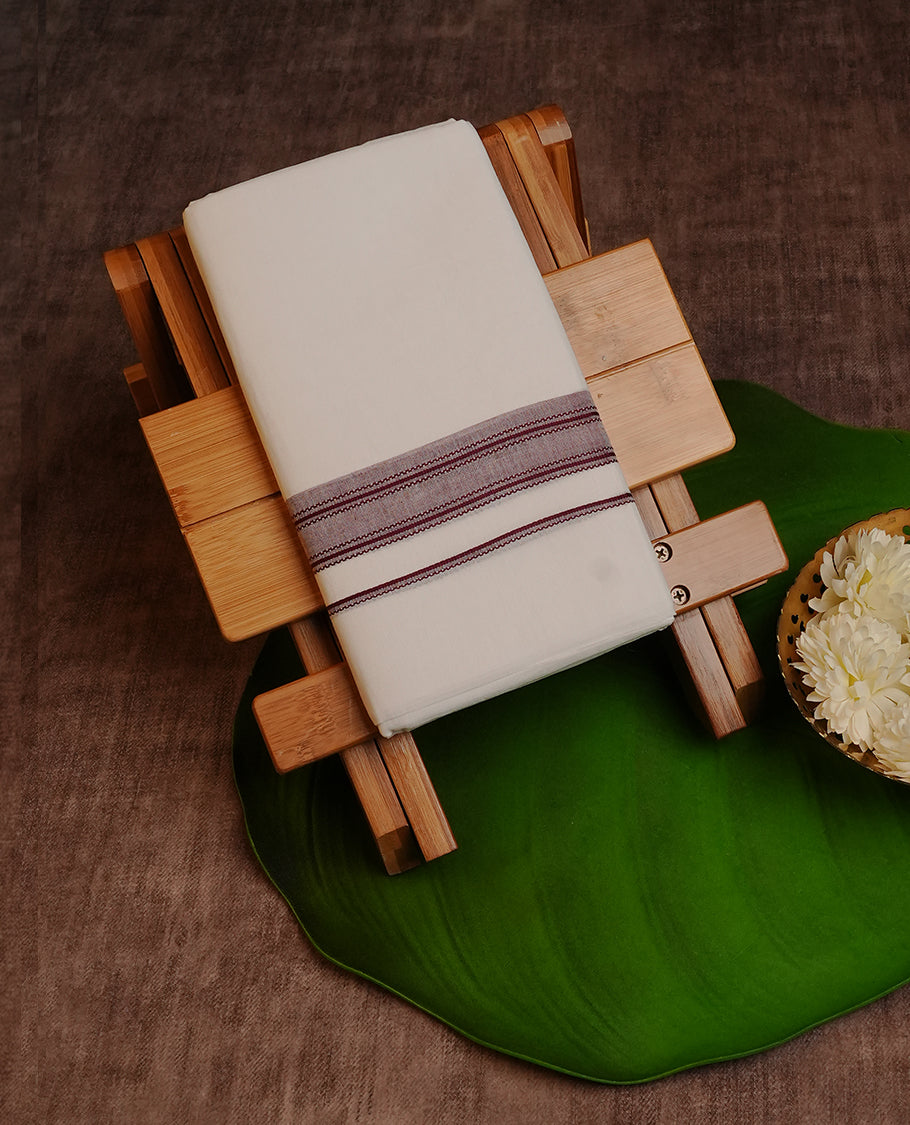 White  Colour Cotton Double Dhoti Finished With A Classic Body and Maroon & Light Maroon Gold  Kara