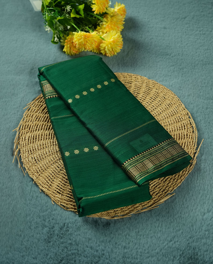 Green colour Narayanapattu cotton saree featuring a cream colour stripped body, contrast black colour with Cream zari border and pallu, pairing a matching blouse piece.
