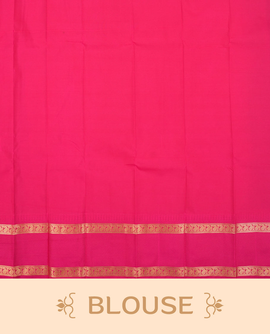 Dark green colour Semi Silk Saree with gold zari patterns on the body, paired with a contrasting rani pink colour traditional pallu and border, and a matching blouse piece.