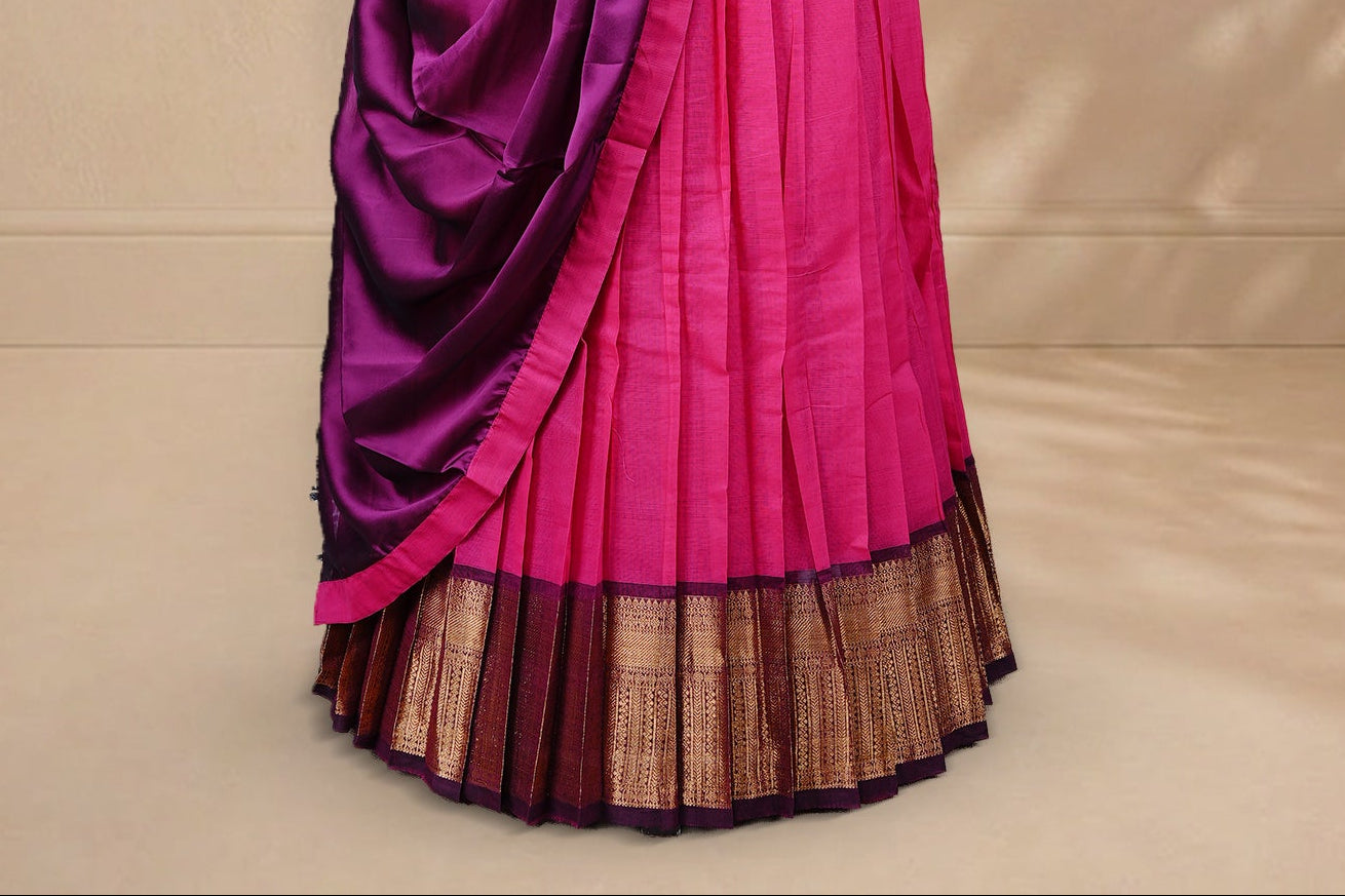 Olive green colour Half saree featuring Plain skirt with Zari border on contrast black colour border, Unstitched Blouse and matching dupatta.