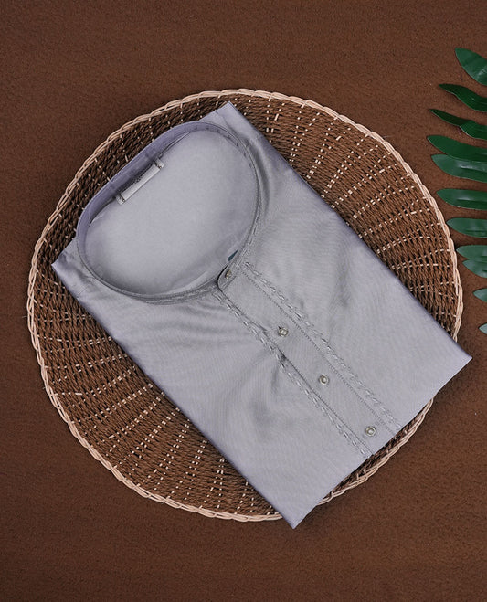 Silver colour mens kurta featuring elegant embroidery on the neckline & Crafted in a refined style with full sleeves, offering a perfect blend of tradition.