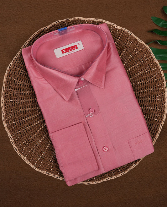 Dusty rose pink SERO brand men's shirt crafted from semi silk fabric, featuring a smooth glossy finish, classic collar, full sleeves, and a chest pocket perfect for festive and traditional wear