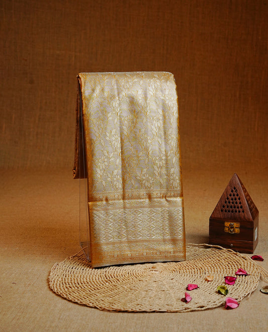 Yellow & Gold colour Double shade Semi tissue silk saree featuring self color kodi pattern on body, self colour with traditional border, paired with matching.