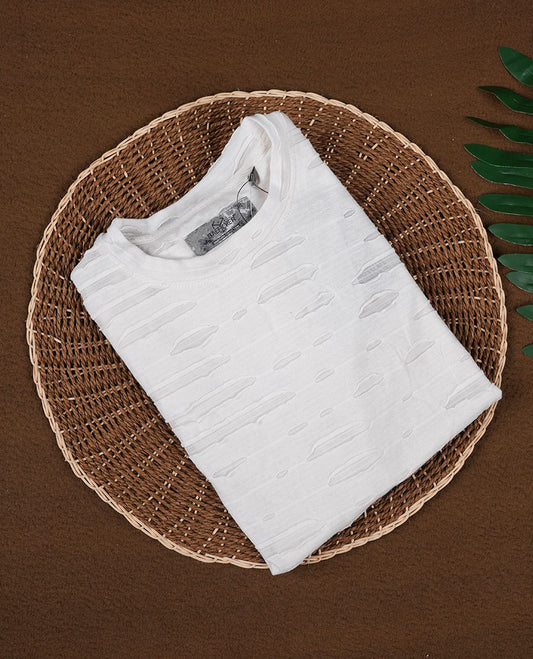 Off white colour textured T shirt featuring a crew neck and short sleeves, Made from lightweight, breathable fabric with a unique distressed pattern that adds a modern, casual edge to your everyday look.